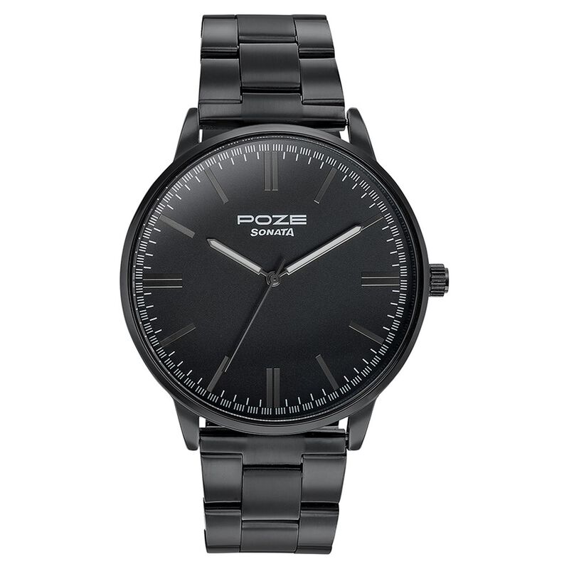Buy Online Sonata Poze Quartz Analog Black Dial Metal Strap Watch