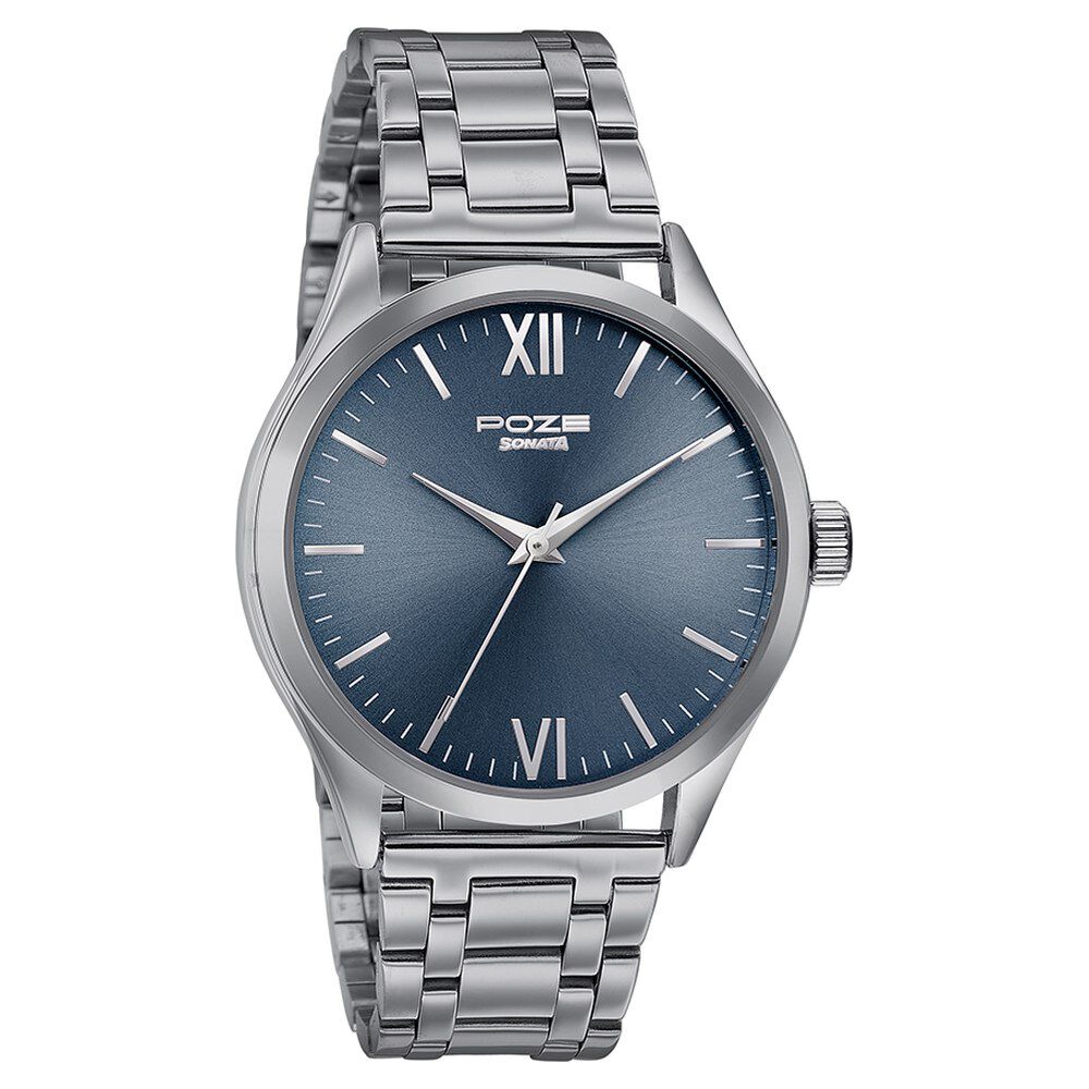 Sonata Quartz Analog Blue Dial Stainless Steel Strap Watch for Men