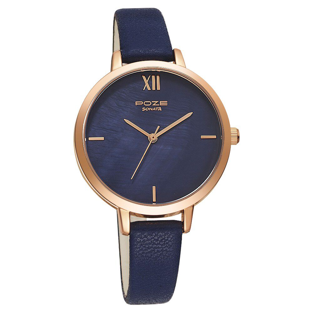 Poze by Sonata Quartz Analog Blue Dial PU Leather Strap Watch for Women