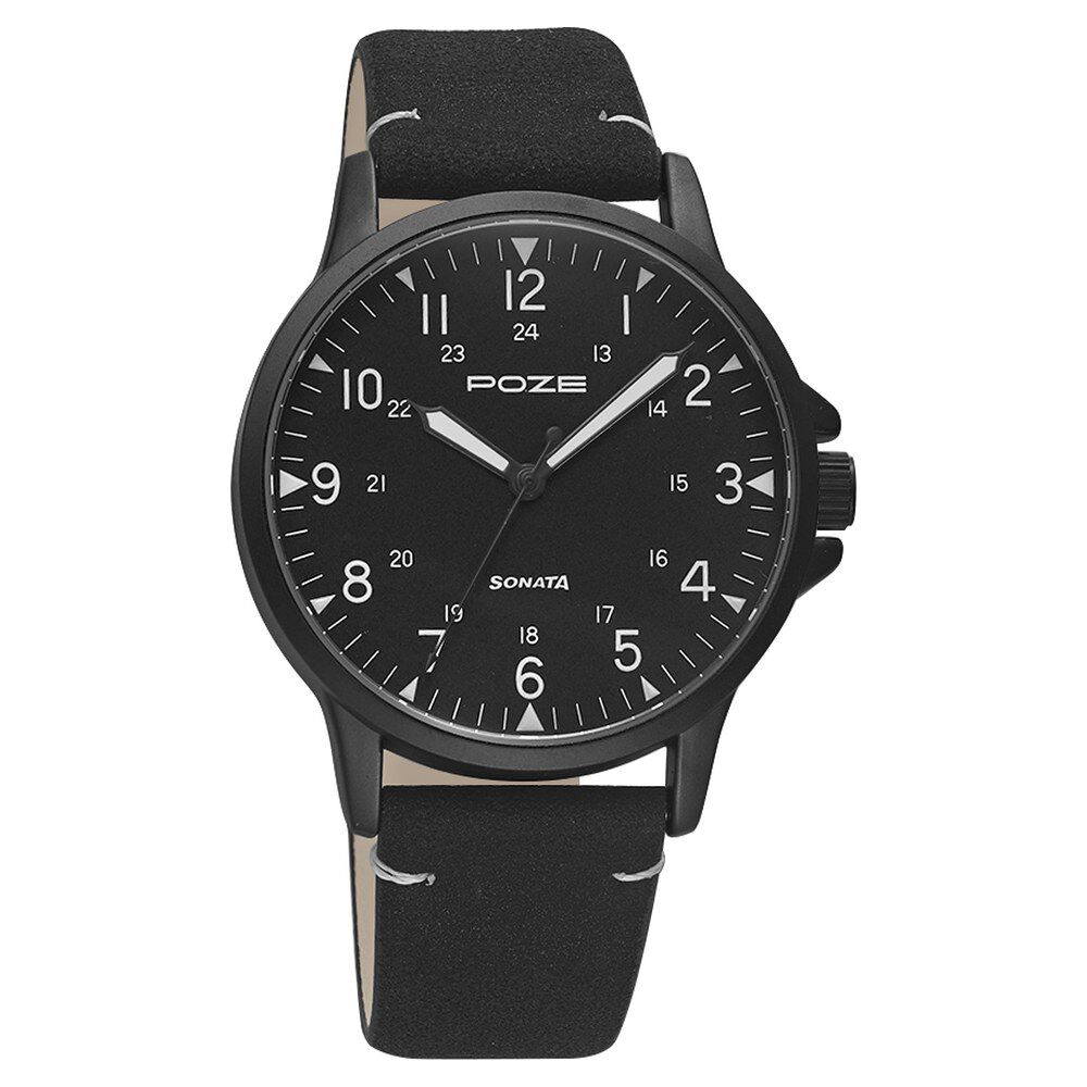Sonata Unveil Quartz Multifunction Black Dial Leather Strap Watch for Men