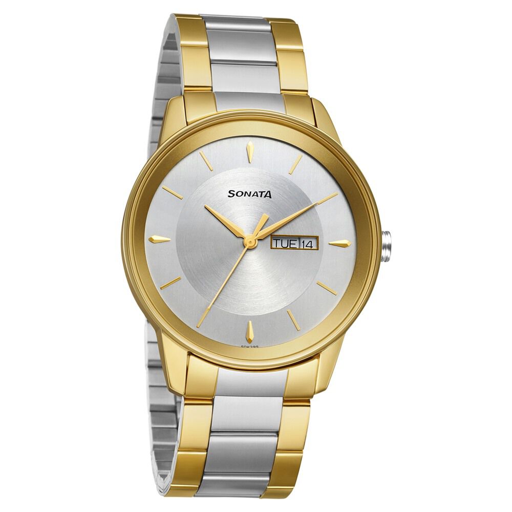 Sonata Quartz Analog Golden Dial Stainless Steel Strap Watch for Couple