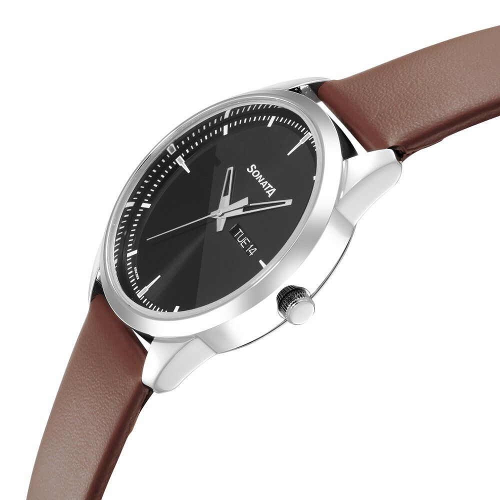 Buy Sonata Beyond Gold White Dial Leather Strap Watch Online