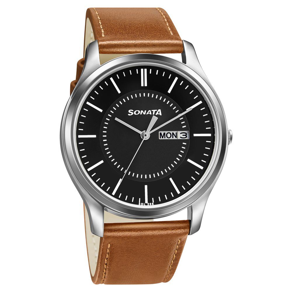 Sonata Quartz Analog with Day and Date Black Dial Leather Strap Watch for  Men