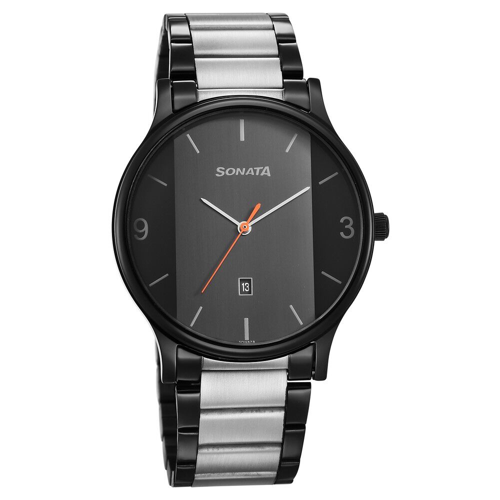 Sonata Quartz Analog Black Dial Leather Strap Watch for Men