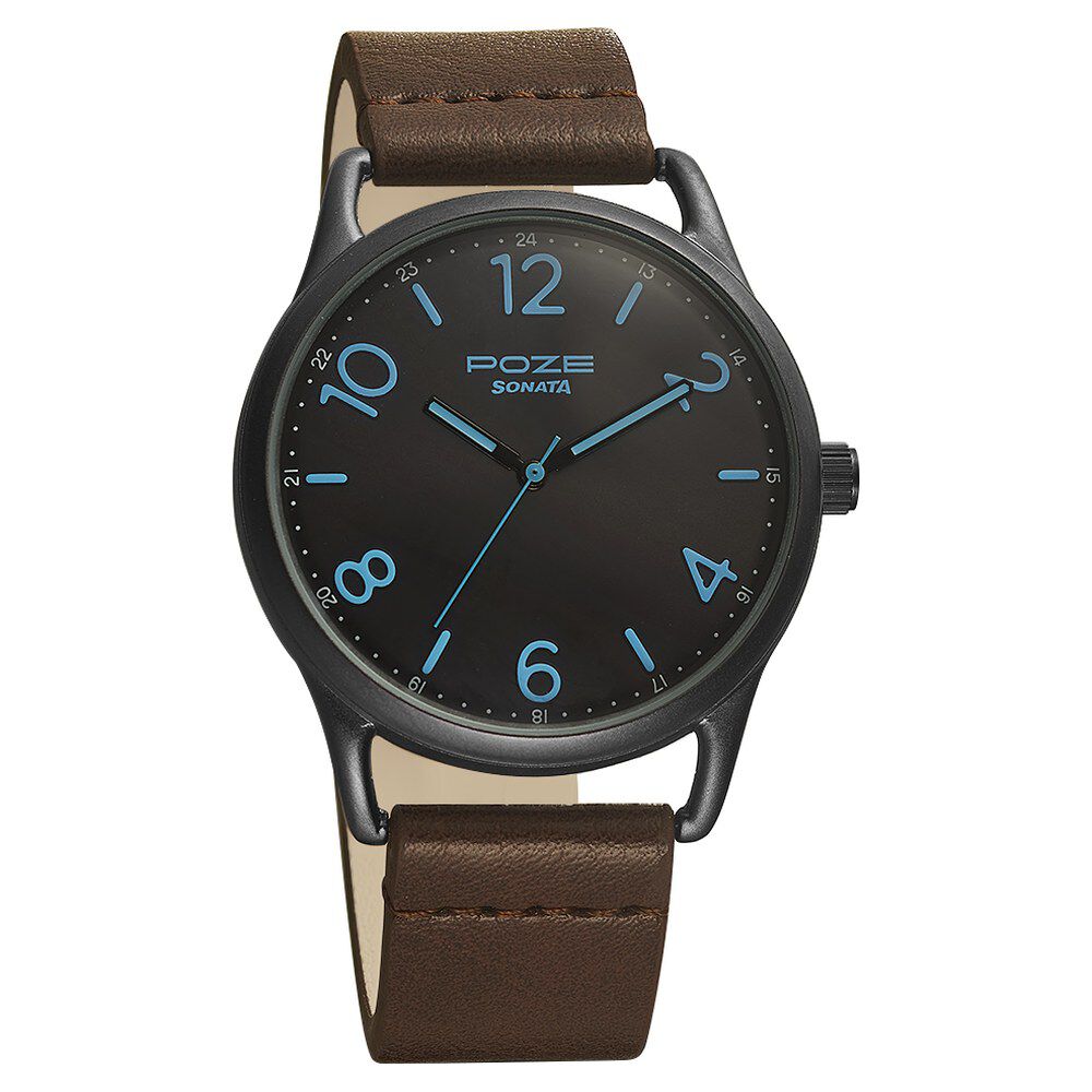 Sonata Classic Quartz Analog Black Dial Black Leather Strap Watch for Men