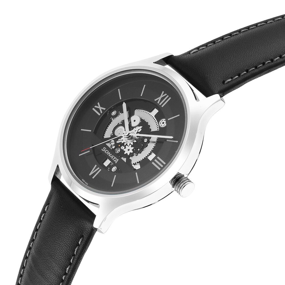 Buy Online Sonata Unveil Quartz Multifunction Black Dial Leather Strap Watch  for Men - 7140nl05 | Titan