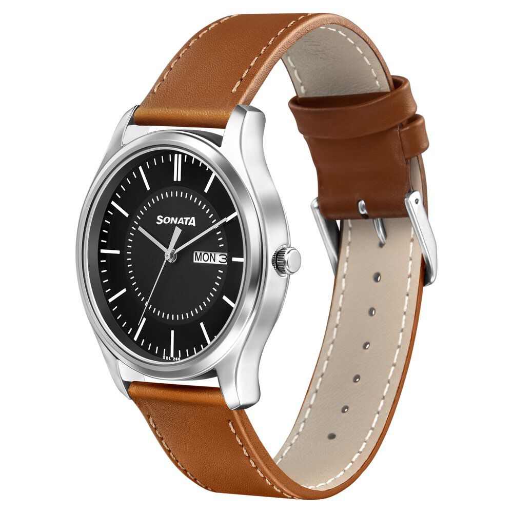 Sonata Quartz Analog with Day and Date White Dial Leather Strap Watch for  Men