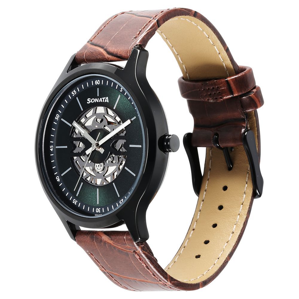 Sonata Aspire Quartz Analog Black Dial Leather Strap Watch for Men