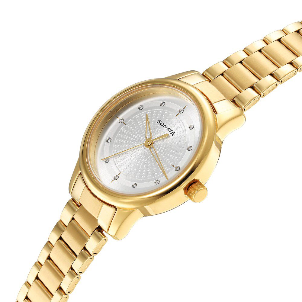 Sonata Quartz Analog with Day and Date Golden Dial Stainless Steel Strap  Watch for Couple