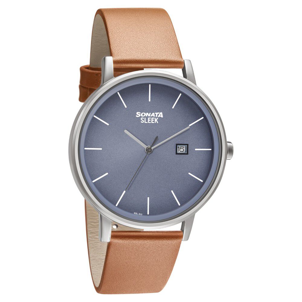 Sonata Sleek Blue Dial Leather Watch 7128Wl05