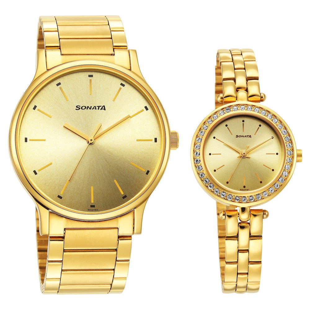 Buy Online Sonata Quartz Analog Champagne Dial Stainless Steel Strap Watch for Couple ns7710587041ym01p Sonata