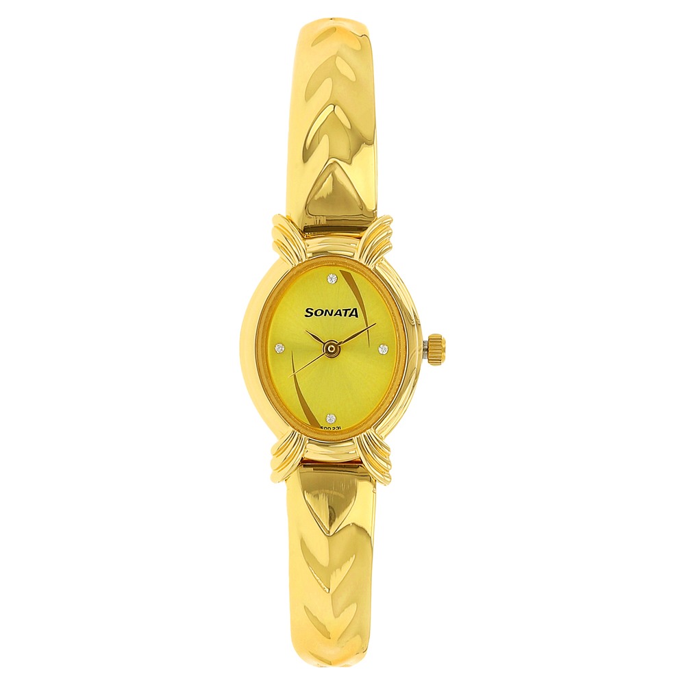 Buy Online Sonata Quartz Analog Golden Dial Metal Strap Watch for Women ns8110ym01 Sonata