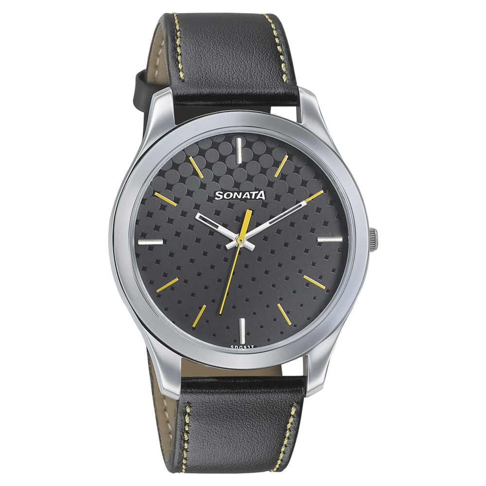 Buy Online Sonata Quartz Analog Black Dial Leather Strap Watch for Men 77063sl05w Sonata