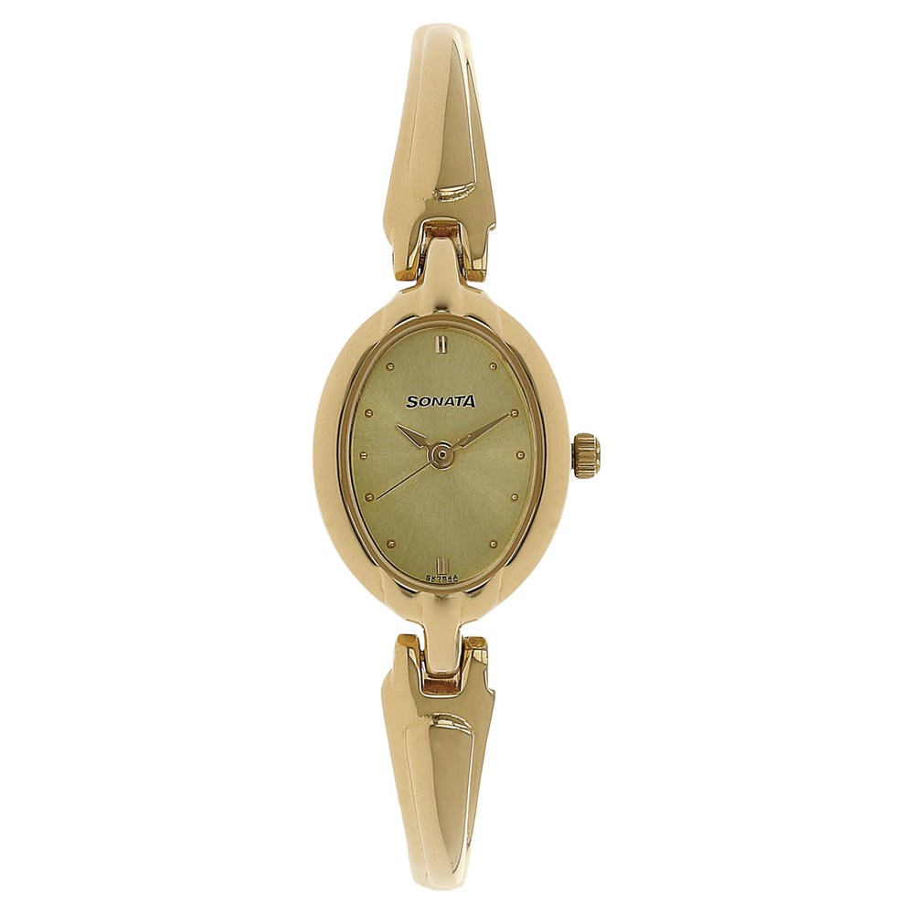 Buy Online Sonata Quartz Analog Champagne Dial Metal Strap Watch for Women ns8048ym02 Sonata