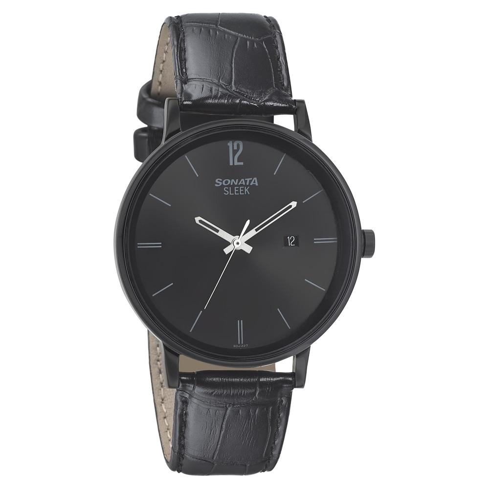 Buy Online Sonata Quartz Analog with Date Black Dial Leather Strap Watch for Men nr7131nl01 Sonata