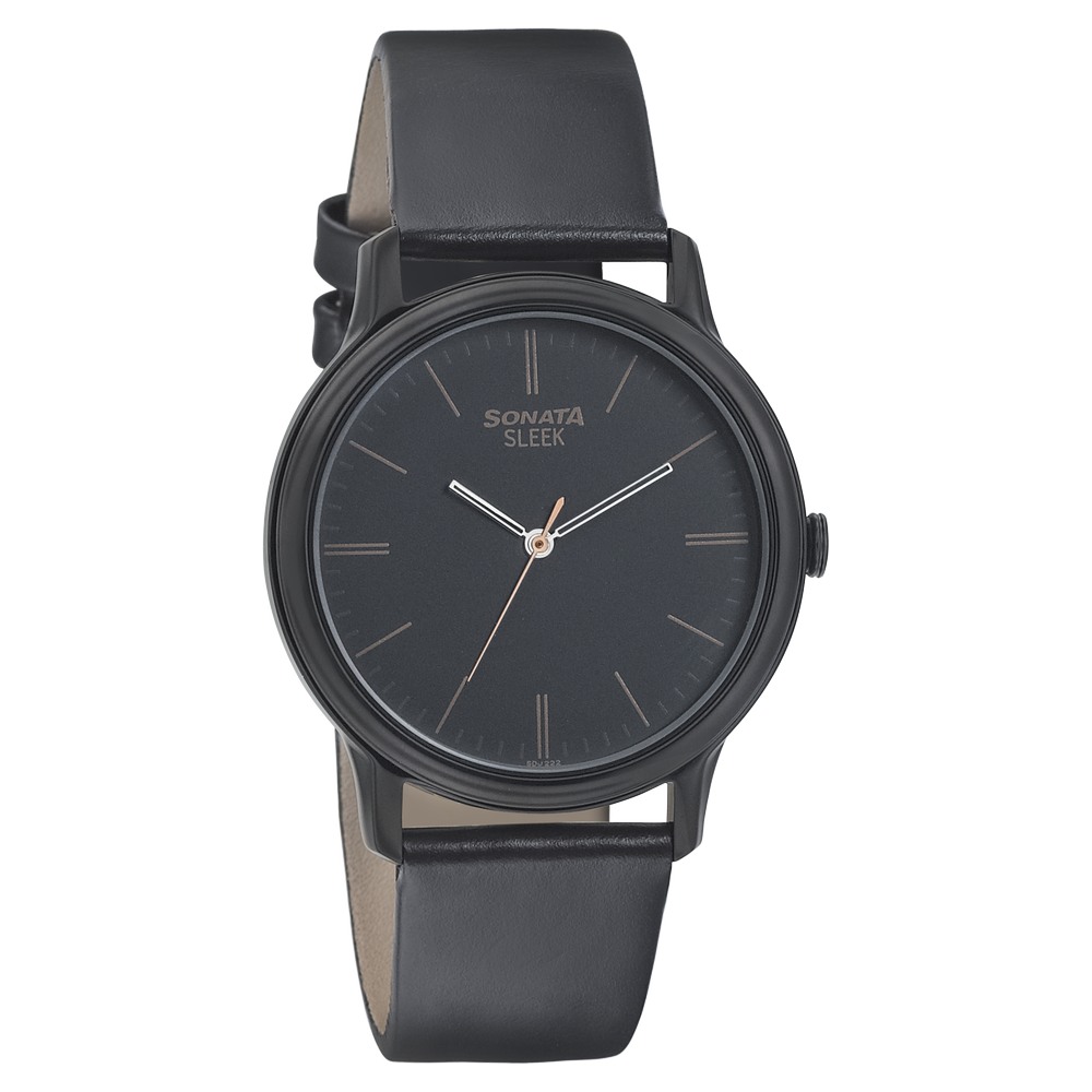 Buy Online Sonata Quartz Analog Black Dial Leather Strap Watch for Men np7128nl02 Sonata