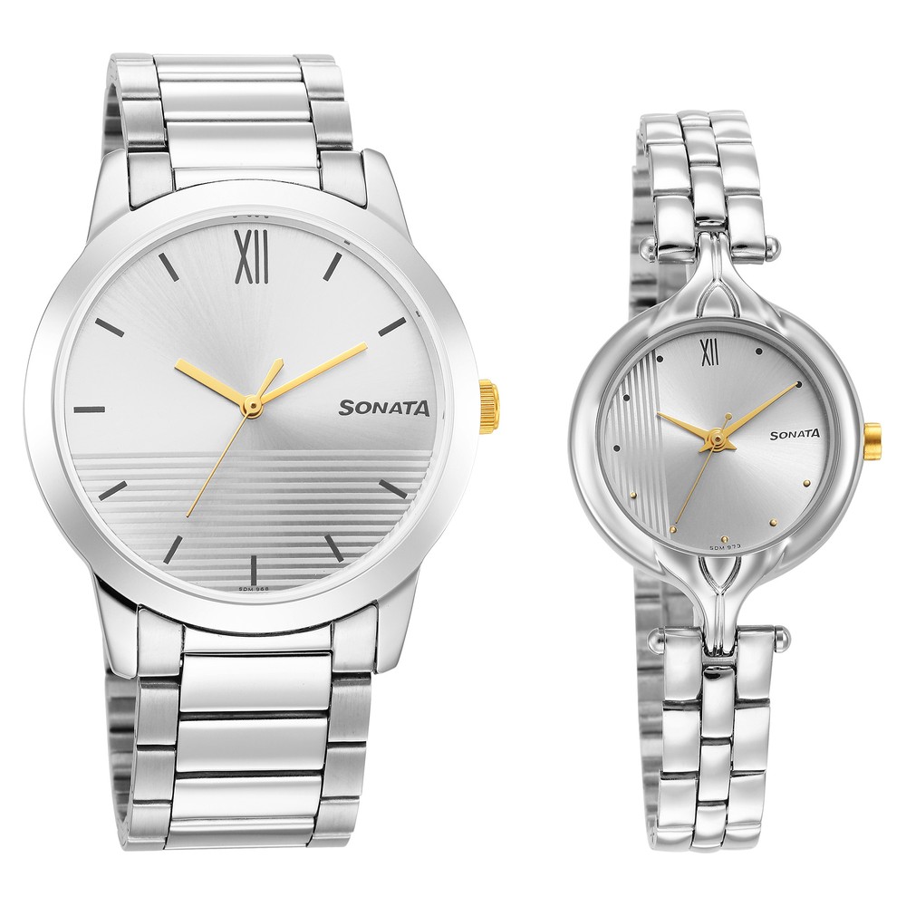 Buy Online Sonata Quartz Analog Silver Dial Stainless Steel Strap Watch for Couple ns7712587040bm01p Sonata