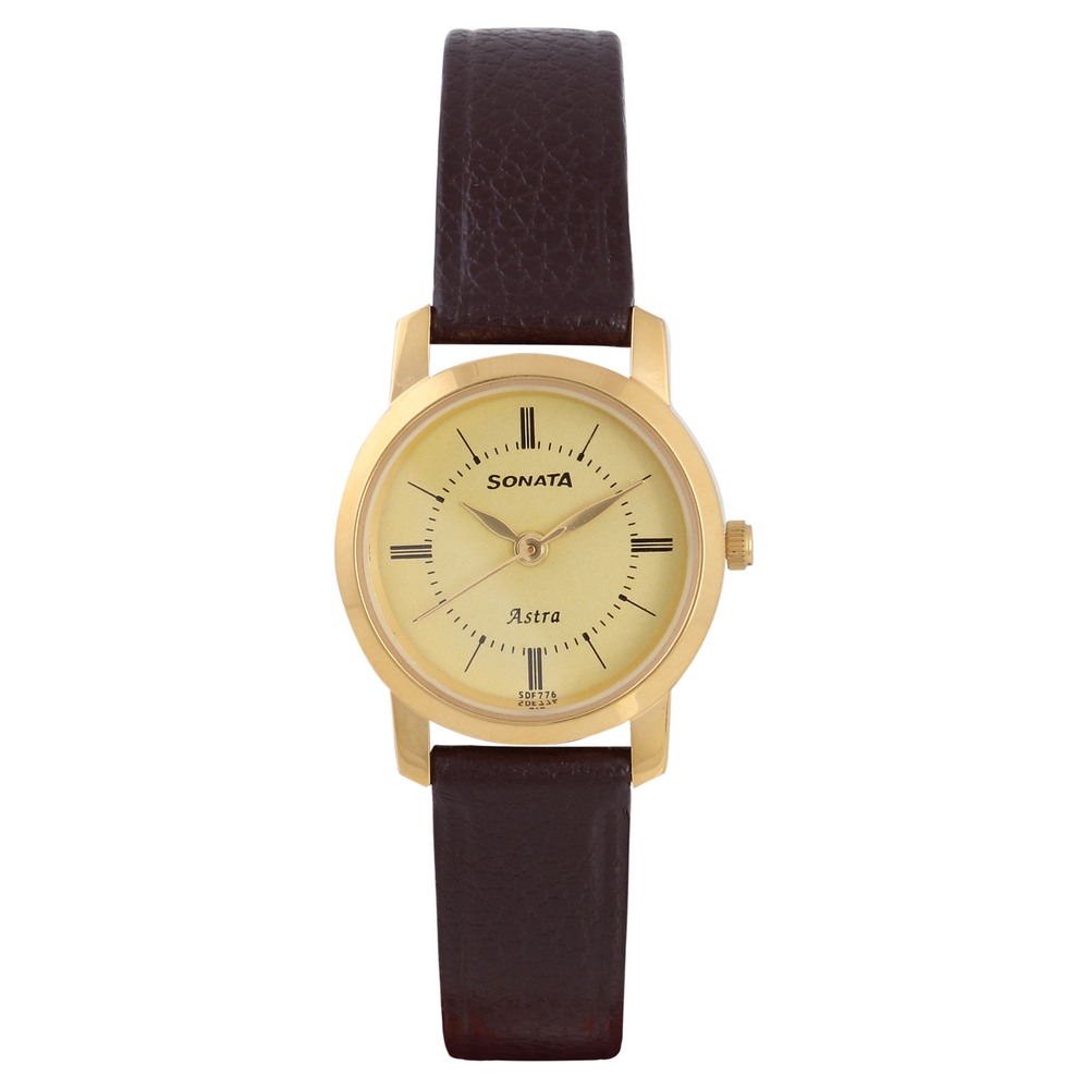 Sonata Quartz Analog Champagne Dial Leather Strap Watch for